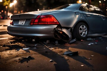 A detailed image of a car's dented bumper and broken taillight, with scattered debris on the road illuminated by streetlights at dusk. - obrazy, fototapety, plakaty