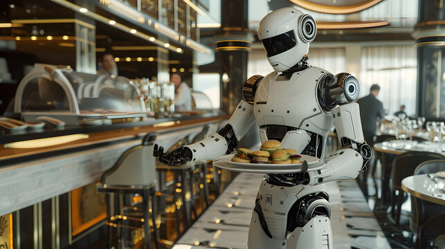Art Deco Inspired Robot Waiter Serving Gourmet Meals in High-end Restaurant