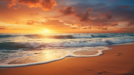 Fototapeta premium Golden Sunset Over Tranquil Beach with Ocean Waves & Footprints – Peaceful Seaside Landscape