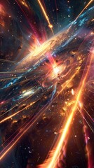 Hyperspace warp with laser trails, interstellar journey through a galaxy, dynamic motion