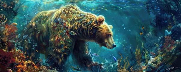 Grizzly bear in an underwater dance with marine life, a fantastical scene of nature's harmony - obrazy, fototapety, plakaty