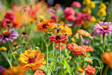 Obraz na płótnie Canvas Bees pollinating flowers in a lush pesticide-free garden