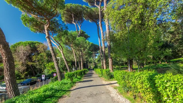 Enchanting Albano Laziale: Villa Doria Pamphili Park Timelapse Hyperlapse in Italy. Immerse Yourself in the Serenity of Green Trees and Warm Light, a Captivating Dance of Nature