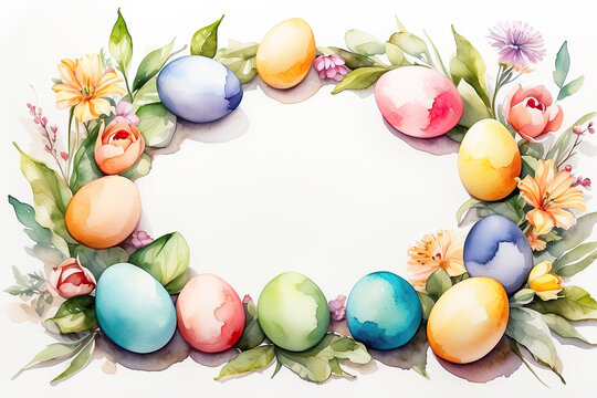 Multicolored watercolour Easter eggs frame with spring flowers - Easter card with a space for text. rustic Easter background. AI generated