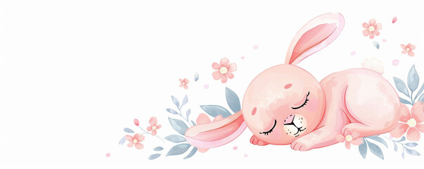 Cute pink easter bunny rabbit sleeping in flower garden pink background hand painted painting copy space illustration