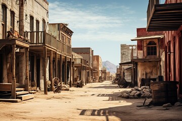 The echo of footsteps in an old western town with dusty streets - obrazy, fototapety, plakaty