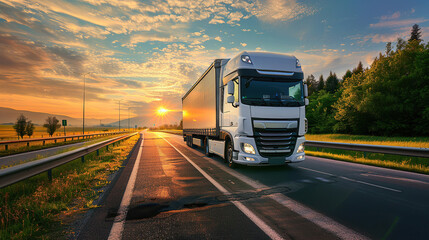 Truck driving on the asphalt road on highway at golden hour
