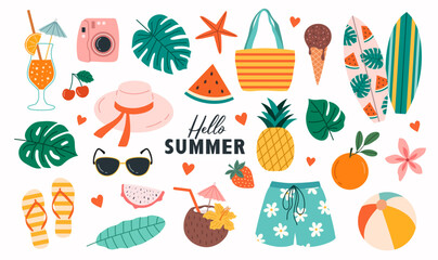 Set of summer beach stickers. Tropical elements - obrazy, fototapety, plakaty
