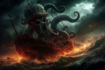 Obraz premium Storm clouds loom as a pirate ship confronts the kraken