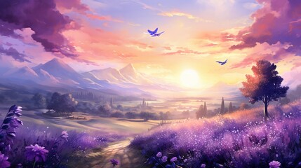 Sunrise paints the lavender fields in soft hues - obrazy, fototapety, plakaty