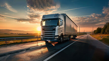 Truck driving on the asphalt road on highway at golden hour