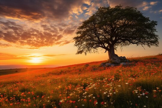 Sunset casts warm hues over a solitary tree amidst blooming wildflowers