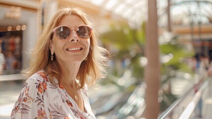 Smiling middle aged woman wearing sunglasses in the mall. Senior happy lady shopping. AI Generated