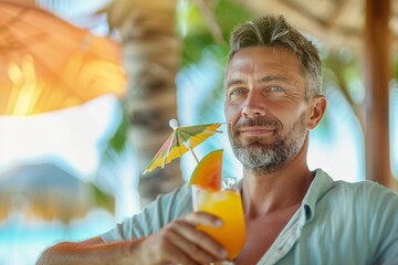 Adult man with a relaxed expression, sipping a tropical cocktail or mocktail adorned with a mini...