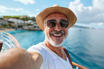 Senior man with a radiant grin, capturing a selfie with iconic landmarks in the background during a shore excursion on his cruise vacation
