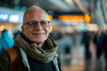 An adult man with a nostalgic smile, reminiscing about past travel adventures as he wanders through the airport terminal