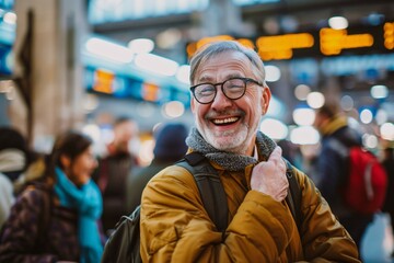 A senior man with a jubilant smile, reuniting with friends or family at the train station before departing on his vacation, the joy of the occasion evident in the warm embraces and excited chatter