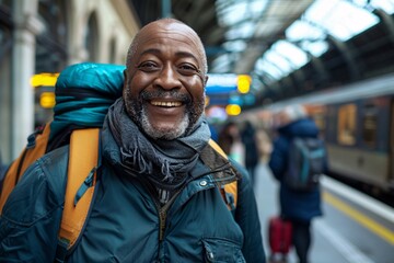Senior black man with a jubilant smile, reuniting with friends or family at the train station before departing on his vacation, the joy of the occasion evident in the warm embraces and excited chatter - Powered by Adobe