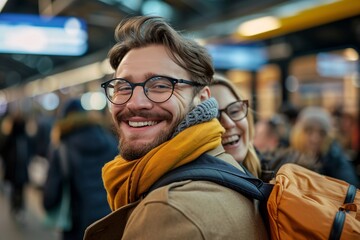 Fototapeta premium An adult man with a jubilant smile, reuniting with friends or family at the train station before departing on his vacation, the joy of the occasion evident in the warm embraces and excited chatter