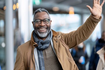 Senior black man with a jubilant smile, celebrating a successful business trip or vacation as he returns home through the airport arrivals hall, greeted by loved ones and well-wishers