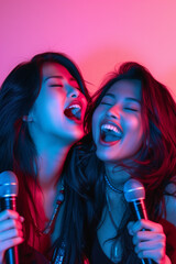 two asian women holding microphones and singing karaoke with studio background