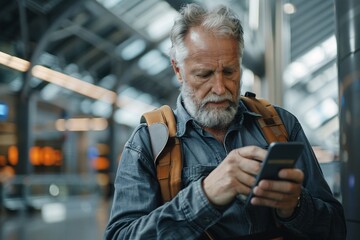 A senior man with a determined look, checking his boarding pass and itinerary on his smartphone, ensuring a smooth and stress-free journey ahead - obrazy, fototapety, plakaty