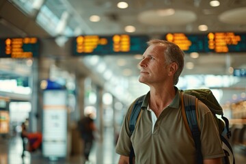 Senior man with a determined expression, navigating through the airport terminal with a sense of purpose, following directional signs and gate numbers