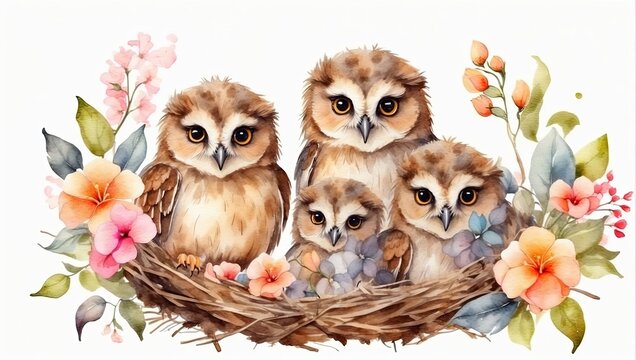 Cute watercolor owl family with chicks in a spring blooming nest of twigs and flowers on a white background. Spring card, spring time. 