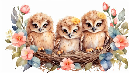 Cute watercolor owl family with chicks in a spring blooming nest of twigs and flowers on a white background. Spring card, spring time. 