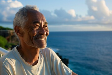 Senior asian man with a contented smile, enjoying a peaceful moment of solitude on a secluded balcony overlooking the ocean - obrazy, fototapety, plakaty