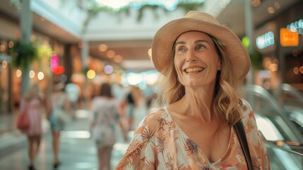 Smiling middle aged woman wearing summer hat in the mall. Senior happy lady shopping. AI Generated