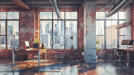 Modern Loft Office in City Skyline Highlighting Industrial Vibe and Natural Light