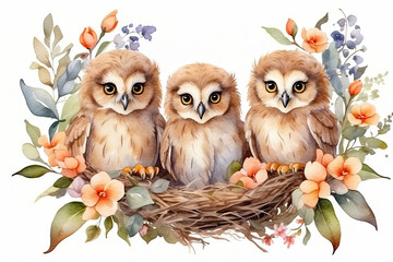 Obraz premium Cute watercolor owl family with chicks in a spring blooming nest of twigs and flowers on a white background. Spring card, spring time. 