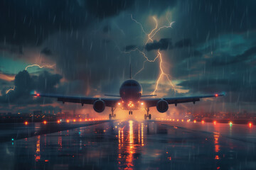 Aeroplane maneuvering through lightning and rain. - obrazy, fototapety, plakaty