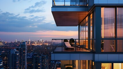 Modern New York City Apartment with Skyline View at Dusk - Minimalistic Interior and Balcony