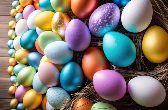 Garland of colorful Easter eggs - Easter decor close-up - Powered by Adobe