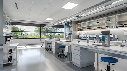 Modern Laboratory Interior with High-Tech Equipment and Blue Accents Overlooking Nature - obrazy, fototapety, plakaty