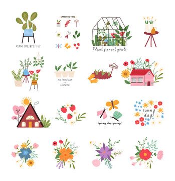 Set of cute spring compositions in cartoon flat style, vector illustration isolated on white background. Hand drawn spring prints - houseplants, greenhouse, houses, flower bouquets.