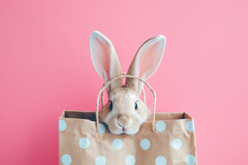 Cute Easter bunny ears in a shopping bag, pastel pink and blue colors with copy space. Generative Ai - 758161317