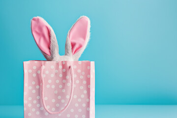 Cute Easter bunny ears in a shopping bag, pastel pink and blue colors with copy space. Generative Ai - 758161339