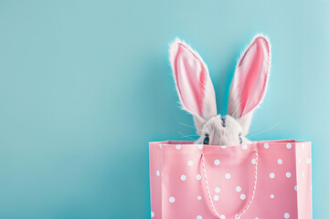 Cute Easter bunny ears in a shopping bag, pastel pink and blue colors with copy space. Generative Ai - 758161341