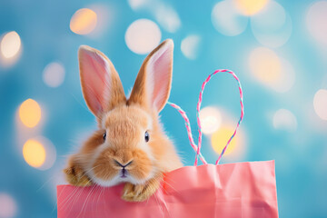 Cute Easter bunny ears in a shopping bag, pastel pink and blue colors with copy space. Generative Ai - 758161376