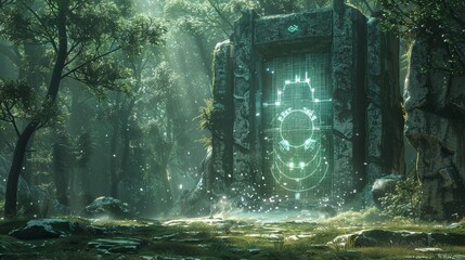 In a world where technology meets magic, a discovery of a door with glowing runes, guarded by sleek, robotic sentinels - obrazy, fototapety, plakaty