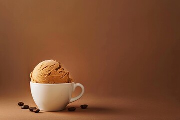 Coffee ice cream scoop in white cup with coffee beans on brown background. Summer lifestyle...