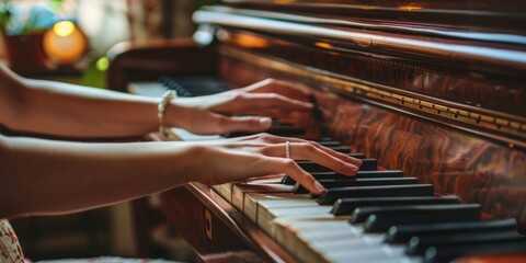 Caucasian woman elegantly presses piano keys. Girl's hands playing piano at home.
