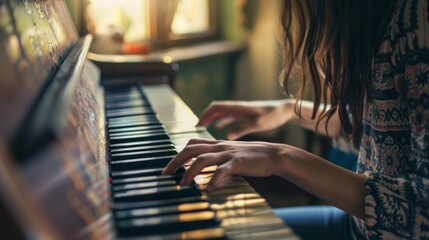 Caucasian woman elegantly pressing piano keys. Hands of girl playing piano at home. A woman practices playing a musical instrument. - obrazy, fototapety, plakaty
