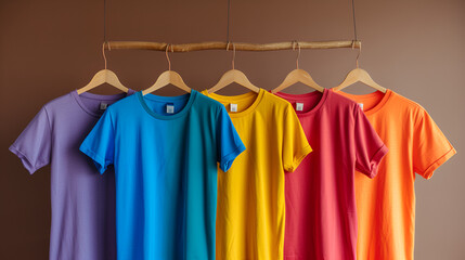 colorful t-shirts hanging on hangers on brown background.. generative ai 