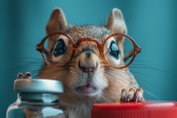 A squirrel nurse peeking out from behind a giant syringe, wearing oversized glasses and a surprised expression. Bright, colorful scene, playful design.