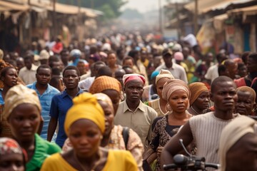 Crowd of people walking on city street in Africa