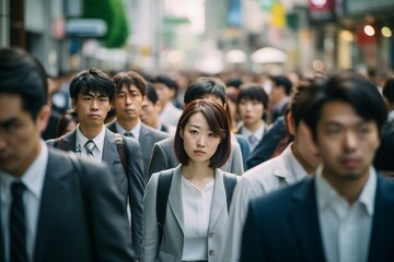 Crowd of business commuter people walking street in Japan - obrazy, fototapety, plakaty